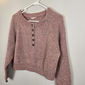 Button Henley Sweater Dusty Pink Poly Cotton Blend V-Neck SMALL Schoolgirl Crop